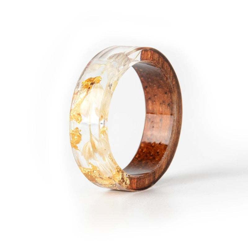 Hand-made wooden ring containing dried flowers - beautiful & unique!