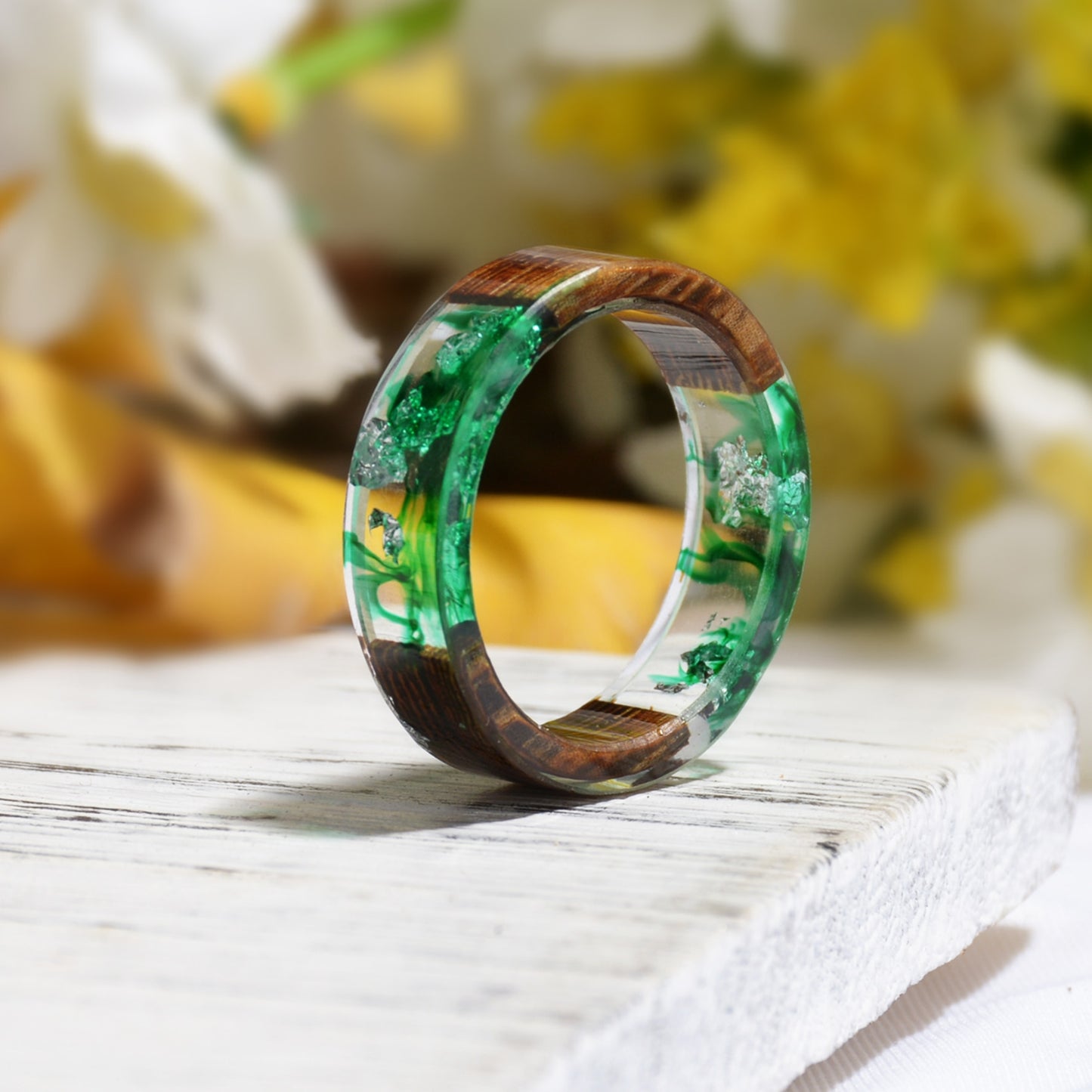 Hand-made wooden ring containing dried flowers - beautiful & unique!