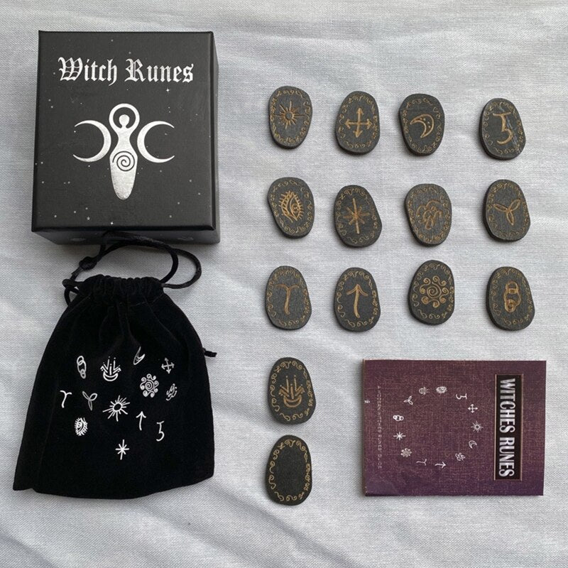 15 Pcs Witches Runes Set ,Wooden & Engraved, with Storage Bag